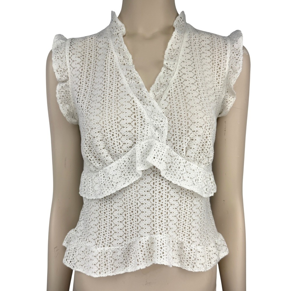Pointelle Ruffle Eyelet Lace Peplum Cottagecore White‎ Top XS